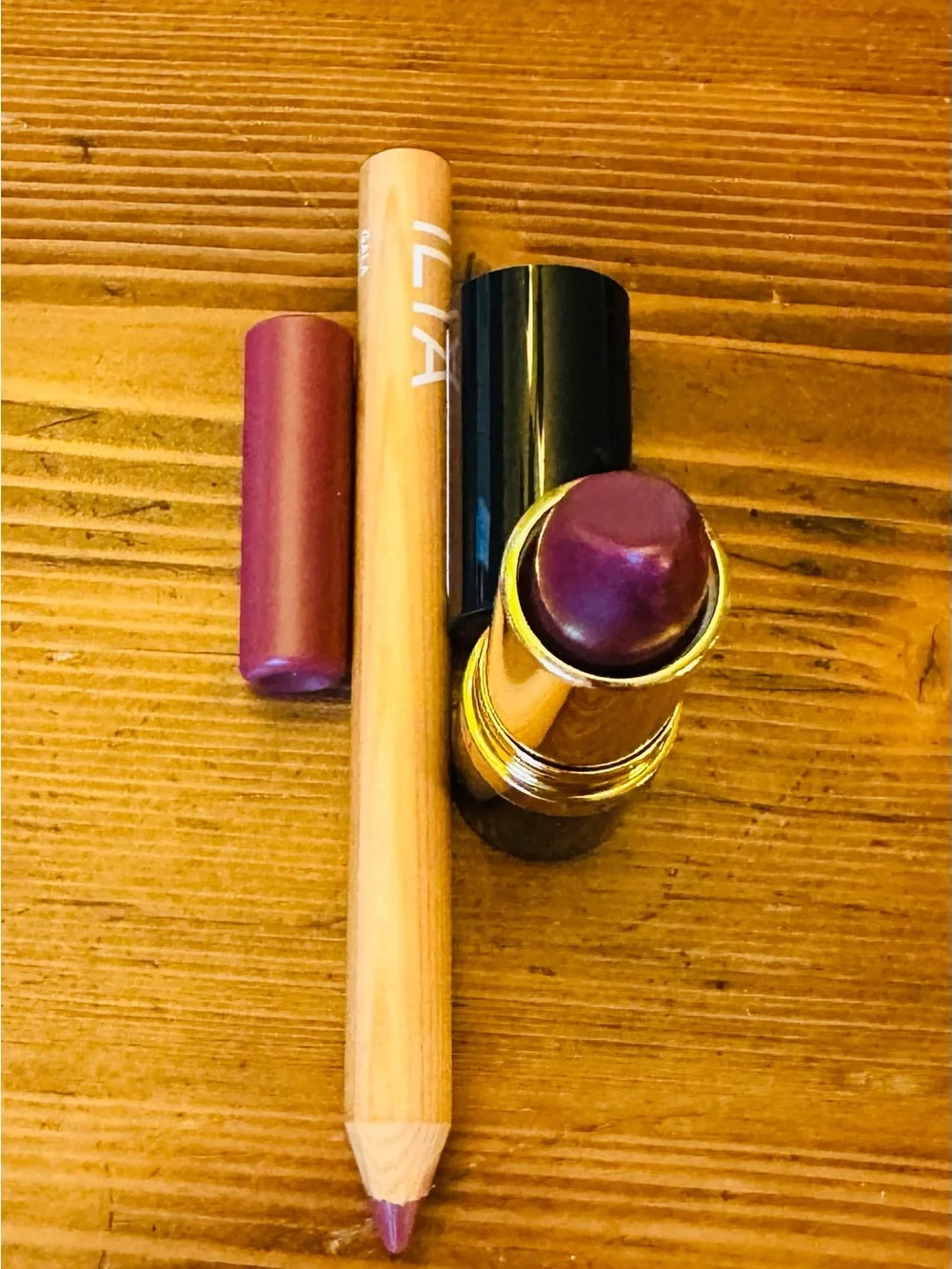 Ilia Lip Hydrating Crayon (Gala)With A Revlon Lipstick 625 Iced Amethyst (Pearl)